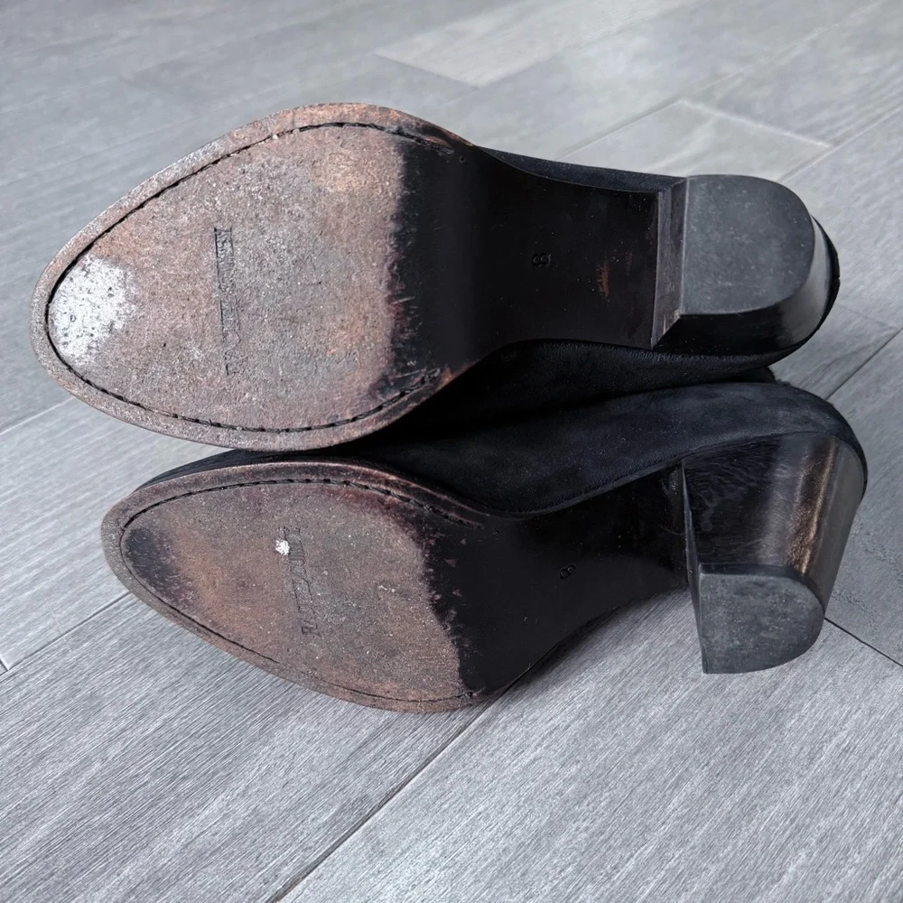 Rachel Comey Prose Black Suede Ankle Booties Stacked Heel 8 Minimalist Western